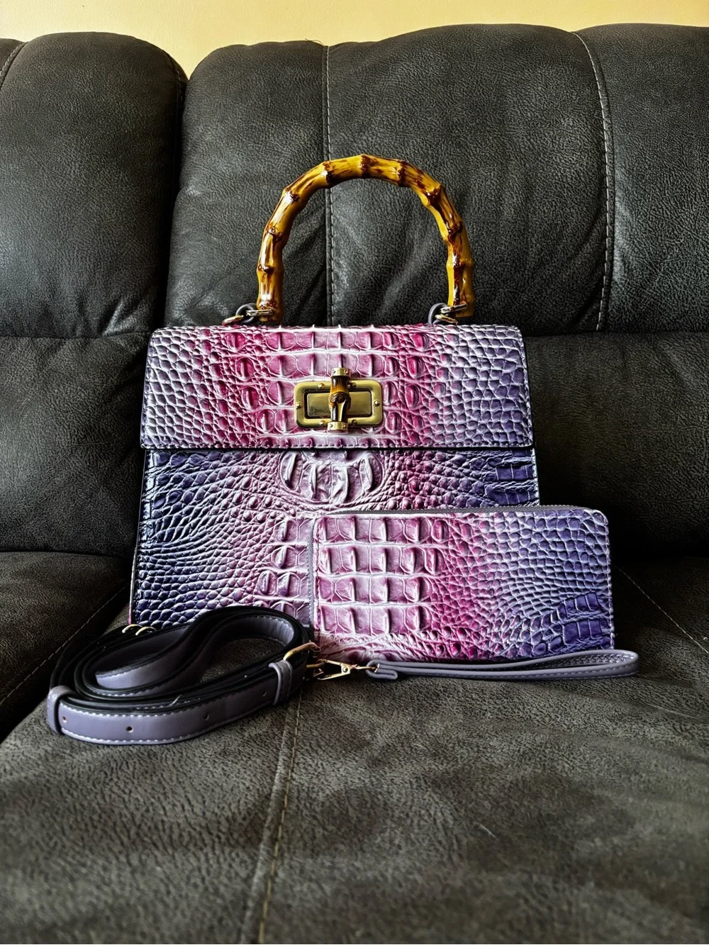Purple Ombre Croc-Embossed Top Handle Bag with Bamboo Accent